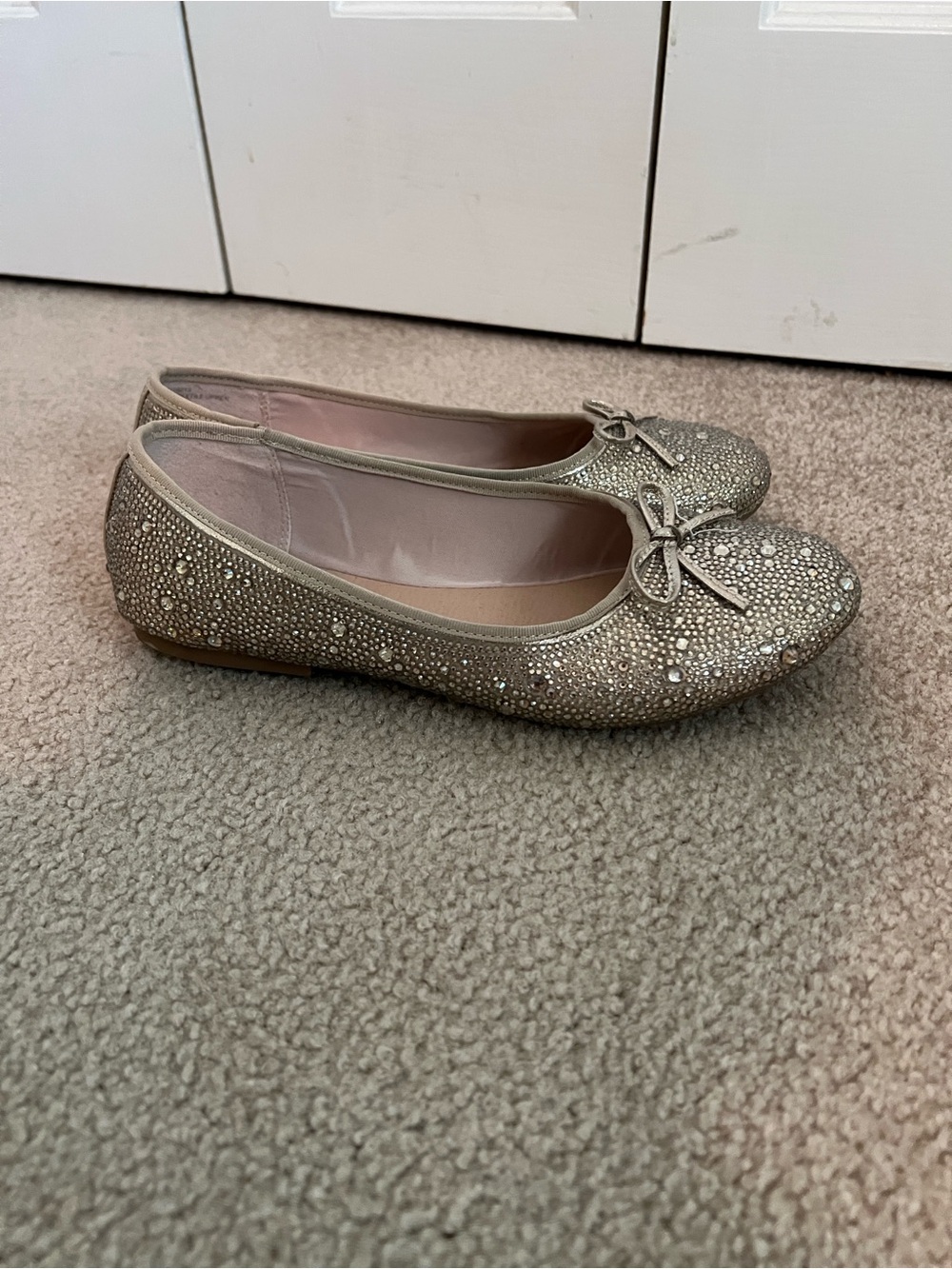 Embellished Metallic Champagne Ballet Flats with Bow